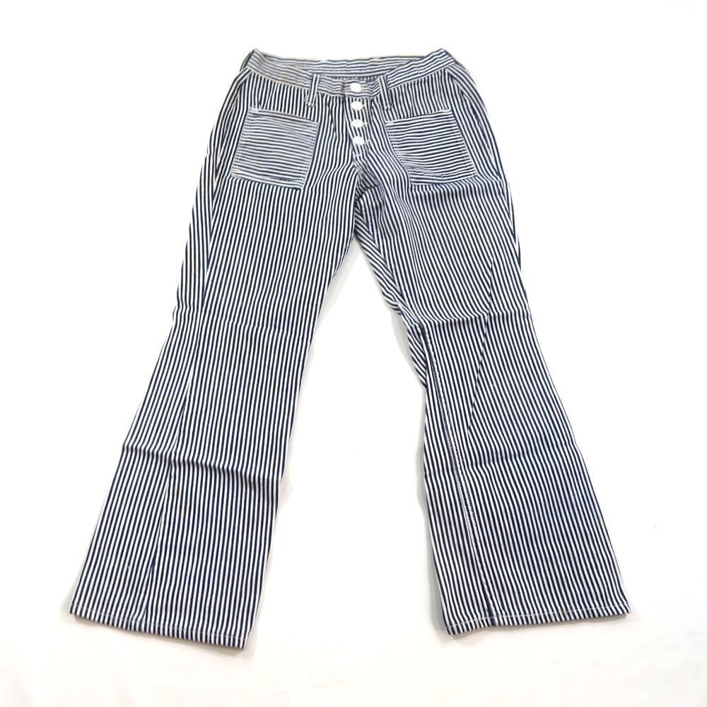 Wrangler Bell Bottom 1970s Jeans Flare Hickory Striped Blue White Womens 27x28